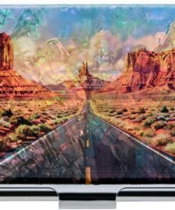 Vintage Style Desert Road Trip Art Mother of Pearl Business Card Case, Retro West American Scenic View Credit Card Holder, Southwest Landscape Souvenir Travel Gift, Monument Valley Metal Wallet