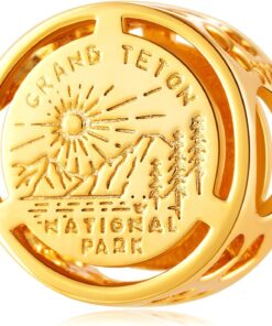 Gold Plated Grand Teton National Park in Wyoming Charms, 925 Sterling Silver Round Beads fits Pandora Travel Bracelet, Gifts for American Souvenir/Mothers Day/Valentines