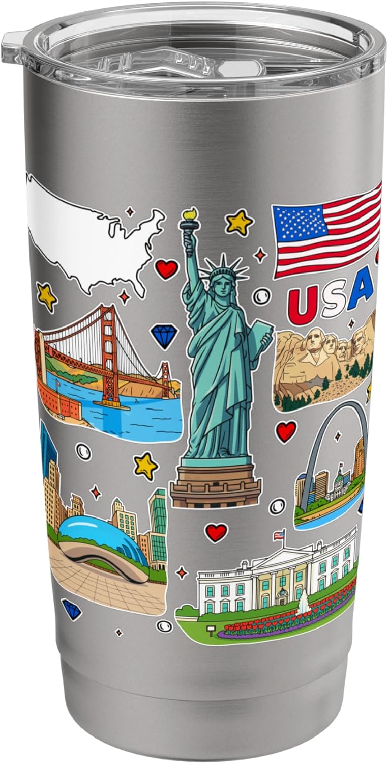 USA Landmarks T-Shirt, American Travel Souvenir Design Stainless Steel Insulated Tumbler - Image 3
