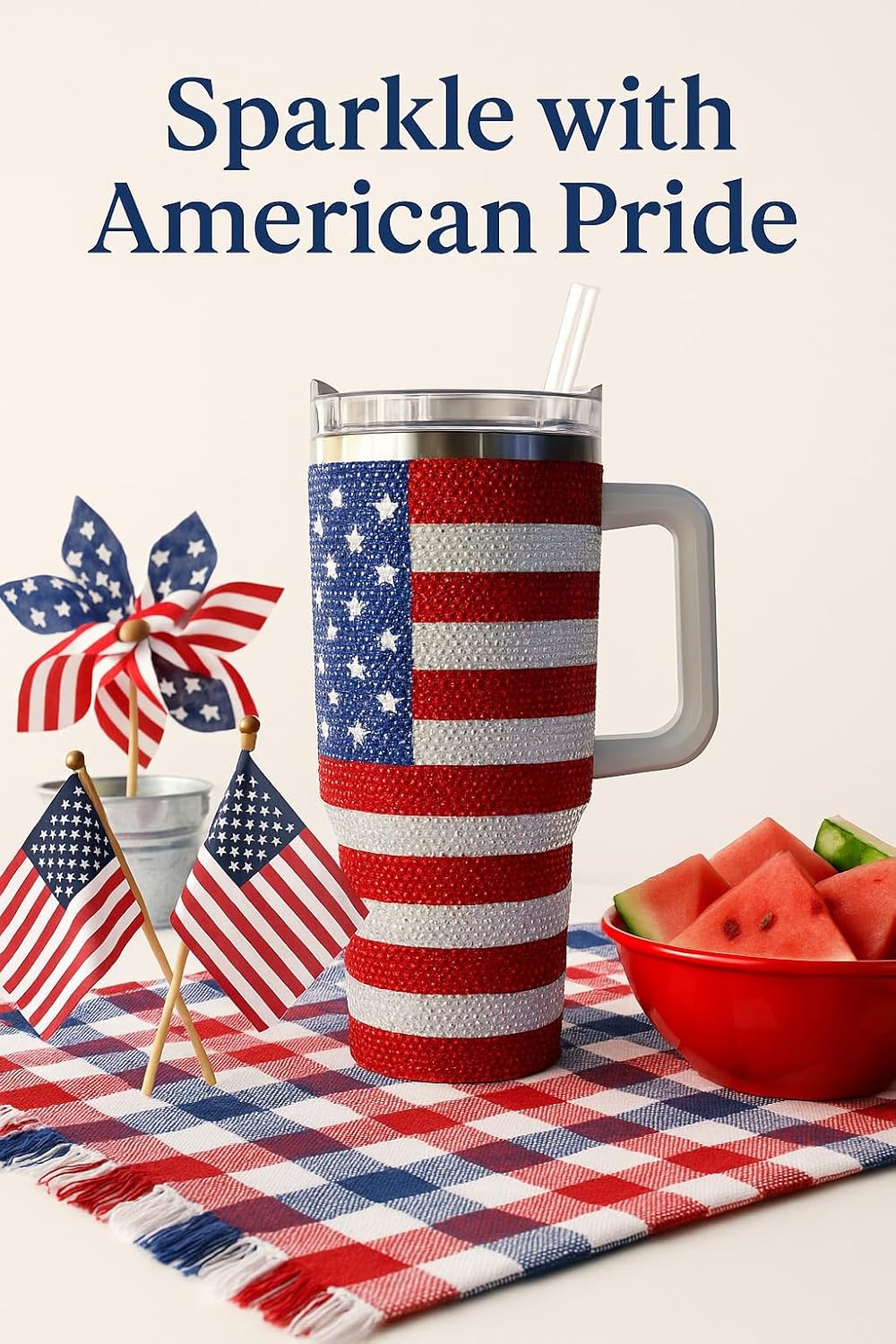 President Souvenirs USA Flag Bling Tumbler 40oz with Handle & Straw – Rhinestone American Flag Travel Cup, Glitter Patriotic Mug for Women, Independence Day Gift, Stainless Steel Insulated - Image 2