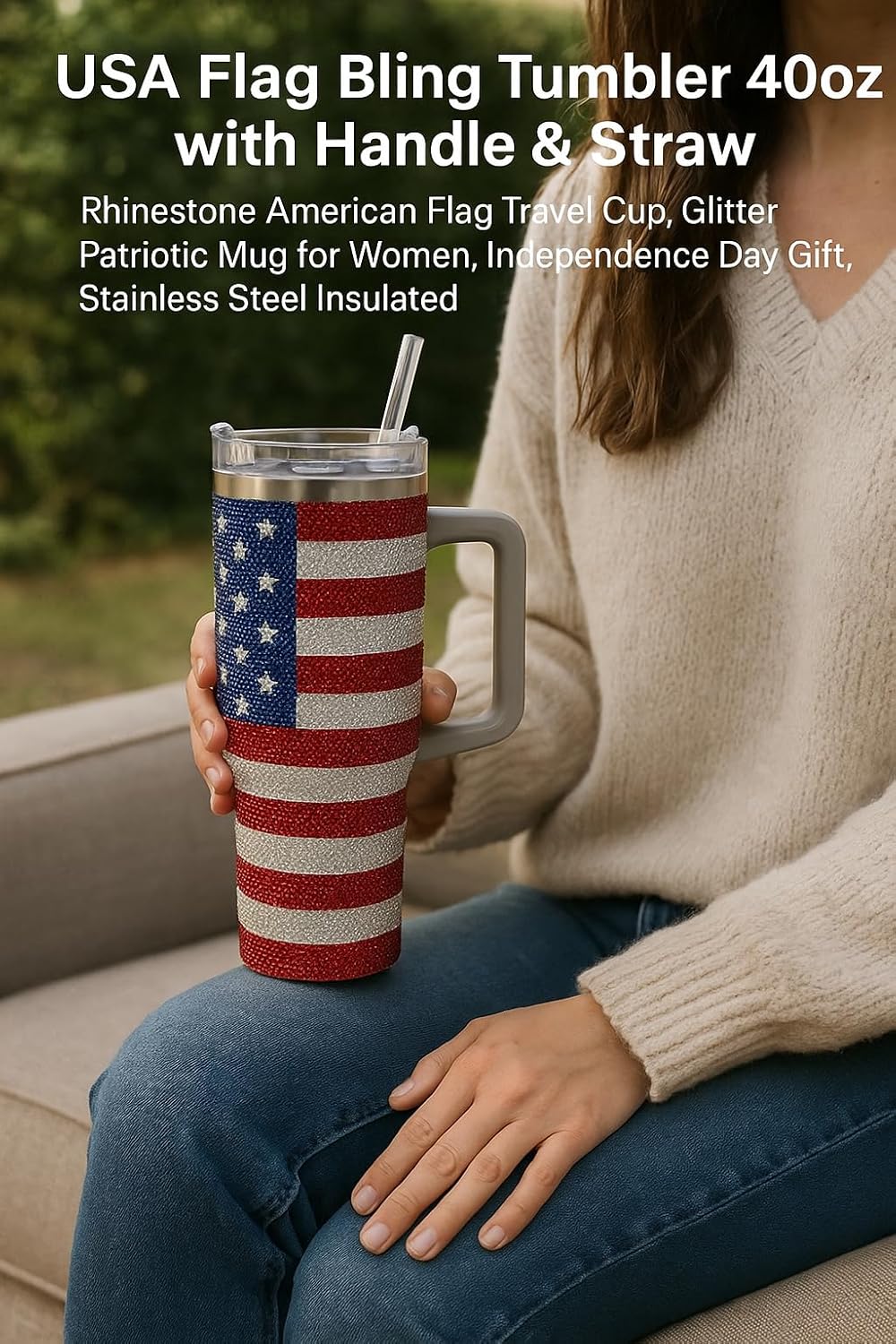 President Souvenirs USA Flag Bling Tumbler 40oz with Handle & Straw – Rhinestone American Flag Travel Cup, Glitter Patriotic Mug for Women, Independence Day Gift, Stainless Steel Insulated - Image 3
