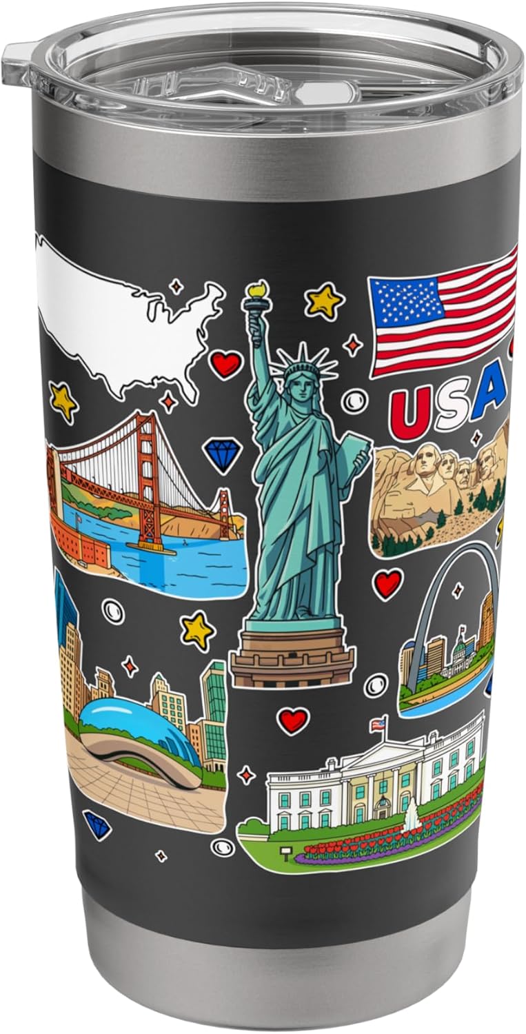USA Landmarks T-Shirt, American Travel Souvenir Design Stainless Steel Insulated Tumbler - Image 2
