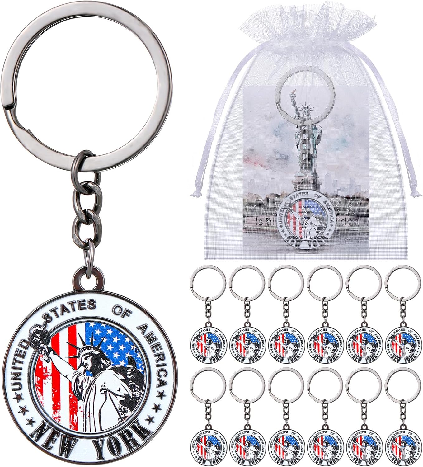 Sureio 24 Sets New York Keychains Gifts NYC Souvenirs American Patriotic Key Ring with Card Star USA Flag Statue of Liberty Key Ring