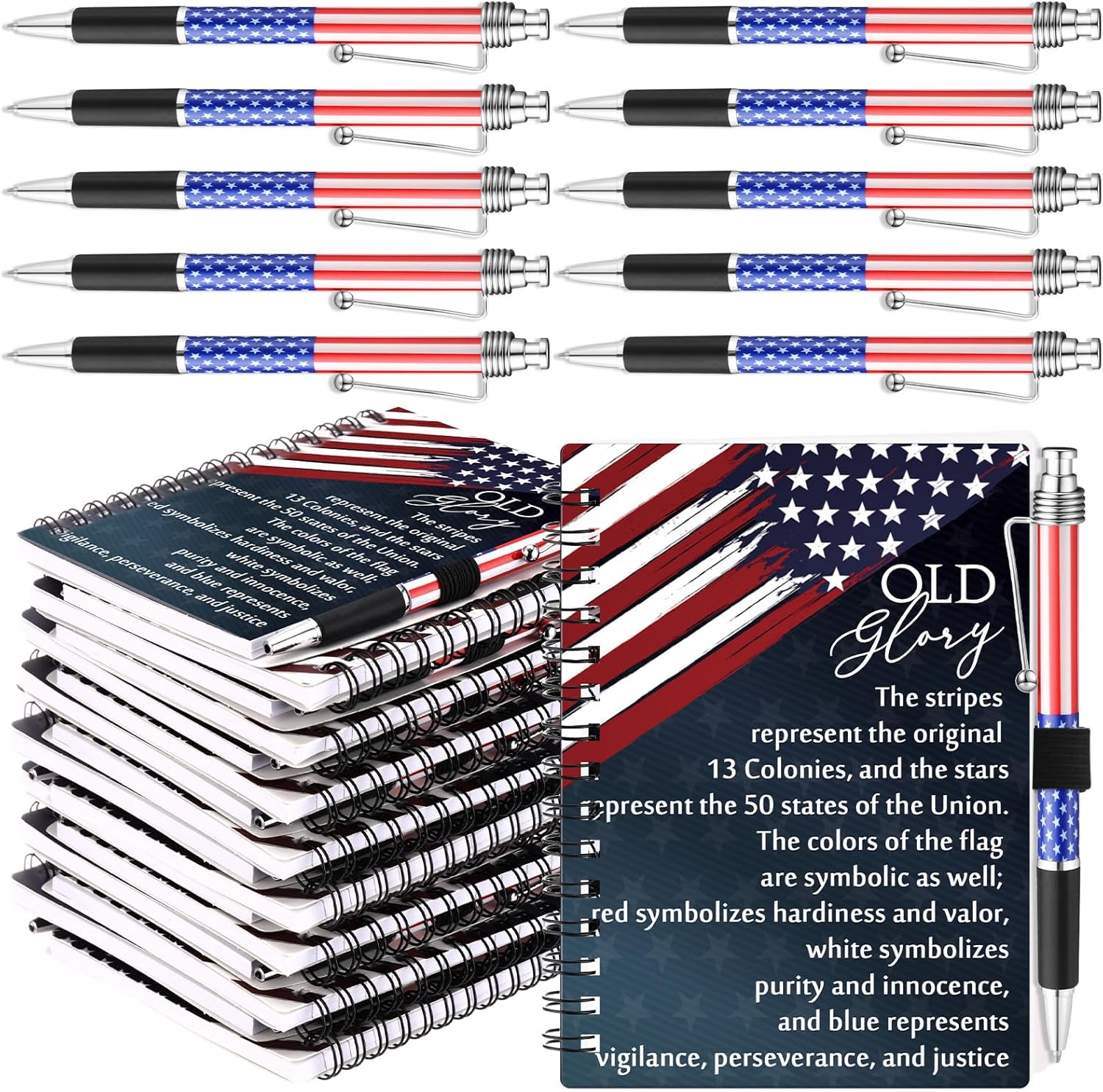 Resurhang 40 Pcs 20 Sets Veterans Gifts Bulk American Flag Patriotic Notebooks Red White Blue Spiral Notebooks with Bands Military Ballpoint Pens USA Stars Retractable Pens for Veterans Day Souvenirs