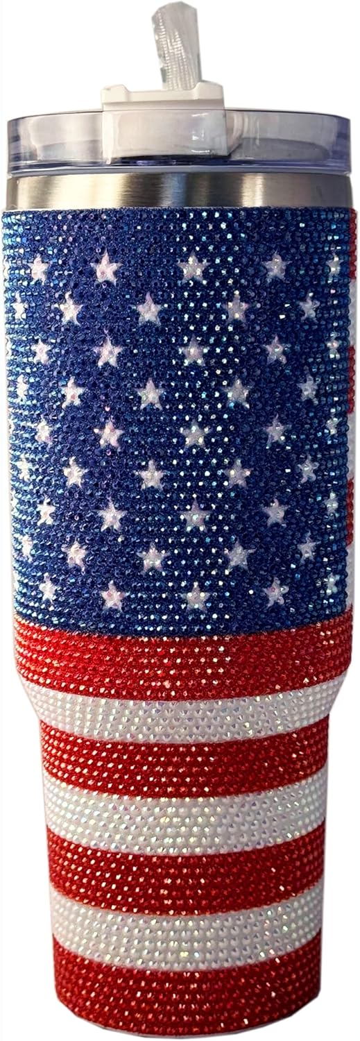 President Souvenirs USA Flag Bling Tumbler 40oz with Handle & Straw – Rhinestone American Flag Travel Cup, Glitter Patriotic Mug for Women, Independence Day Gift, Stainless Steel Insulated - Image 5