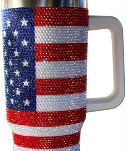 President Souvenirs USA Flag Bling Tumbler 40oz with Handle & Straw – Rhinestone American Flag Travel Cup, Glitter Patriotic Mug for Women, Independence Day Gift, Stainless Steel Insulated