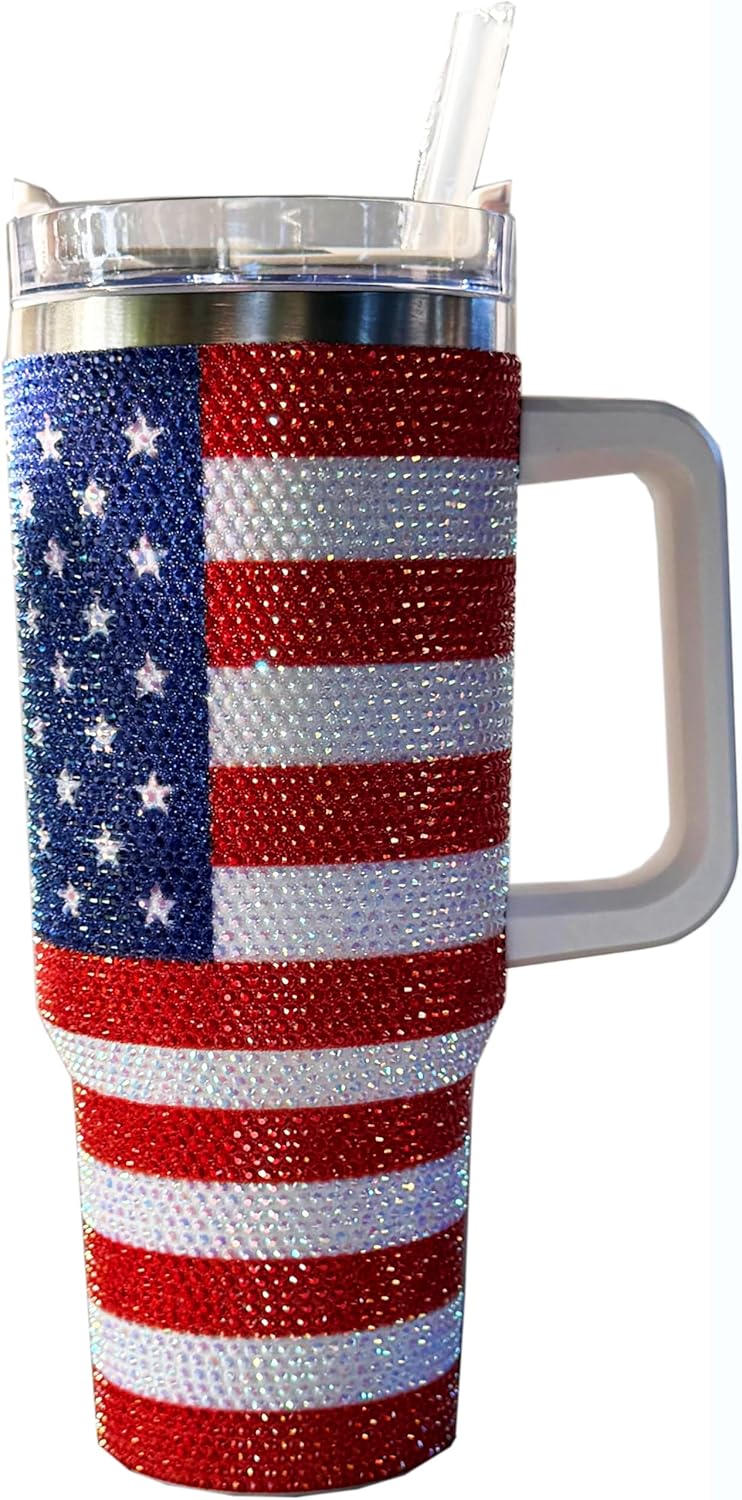 President Souvenirs USA Flag Bling Tumbler 40oz with Handle & Straw – Rhinestone American Flag Travel Cup, Glitter Patriotic Mug for Women, Independence Day Gift, Stainless Steel Insulated