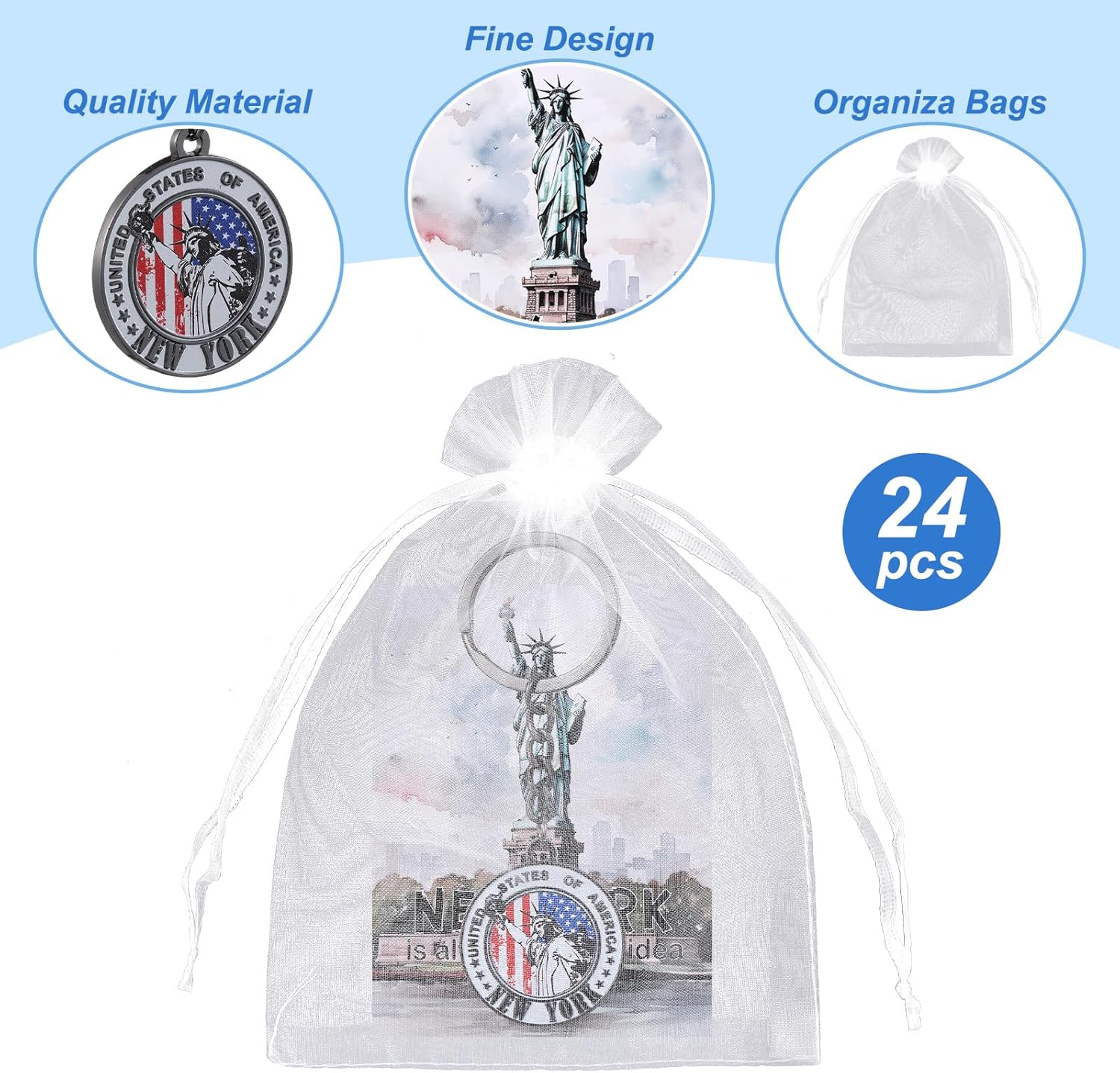 Sureio 24 Sets New York Keychains Gifts NYC Souvenirs American Patriotic Key Ring with Card Star USA Flag Statue of Liberty Key Ring - Image 3
